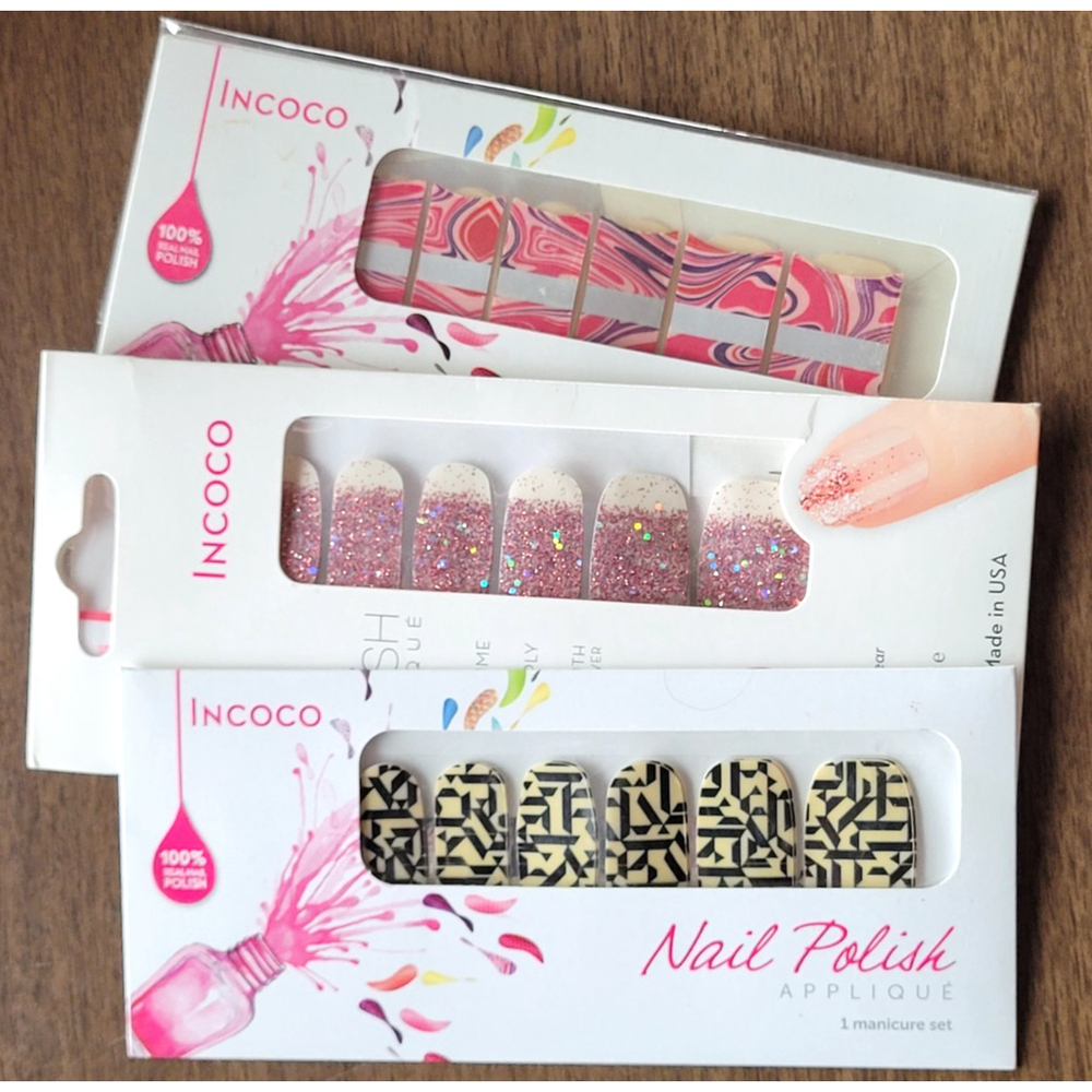 3 Brand New Incoco Real Nail Polish Strips Pink Glitter Swirl Geometric